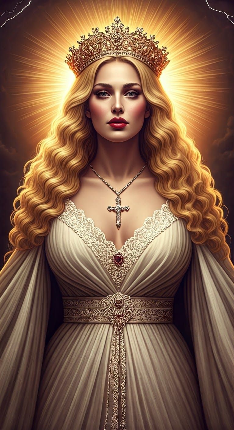 Stunning Goddess in Jesus-Inspired Gown with Cross Crown and...