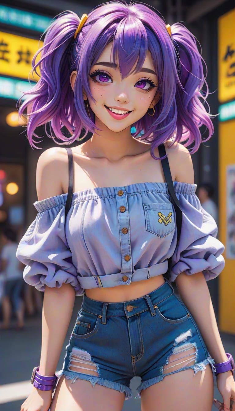 Anime Girl with Purple Hair Blowing Kisses