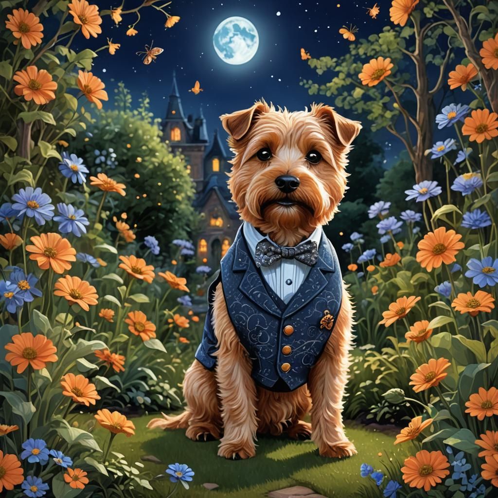 Norfolk Terrier in Moonlit Garden, Pixar Style