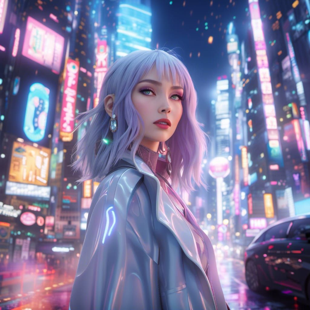 Kawaii Woman in Futuristic Tokyo, 3D Rendered