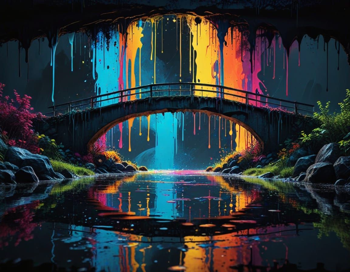 Dramatic Multicolor Bridge Silhouette in Dark Fantasy