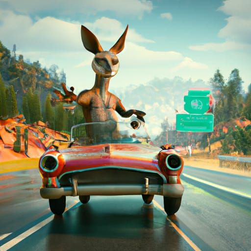 Kangaroo driving a 1950 chevy down the highway