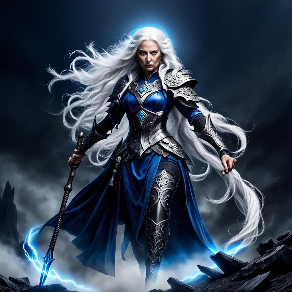 Powerful Old Warrior Witch with Piercing Blue Eyes