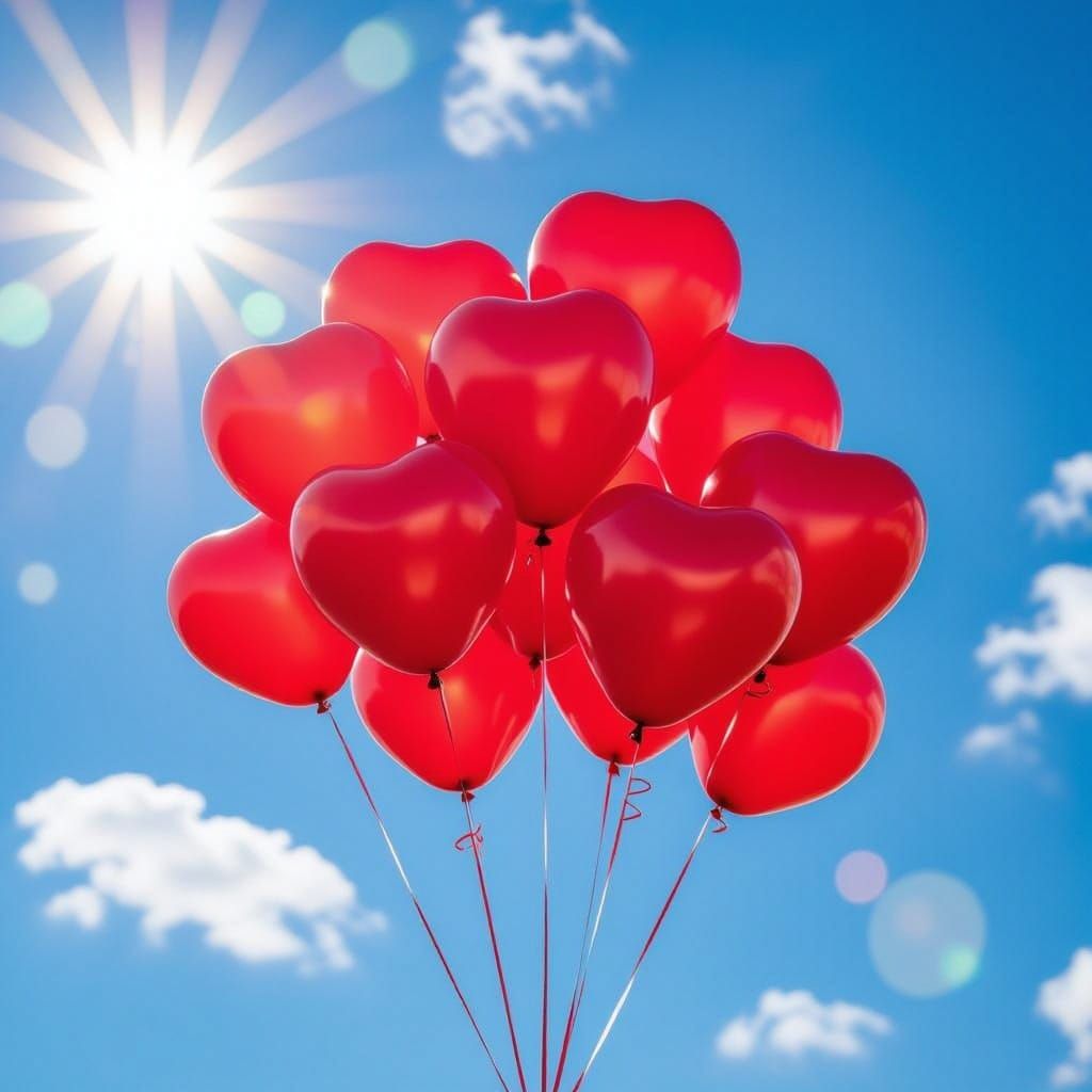 Vibrant Red Hearts Float in Sunny Sky