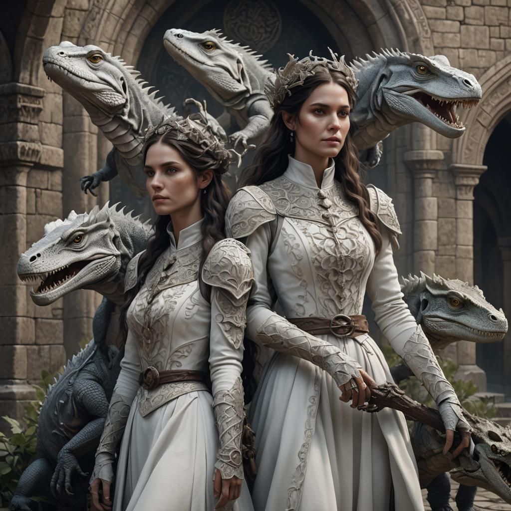 Medieval Lady with Three Lizard Heads: Detailed Matte Painti...