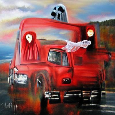 Ghost Hitchhiker in Red Truck: Oil Canvas