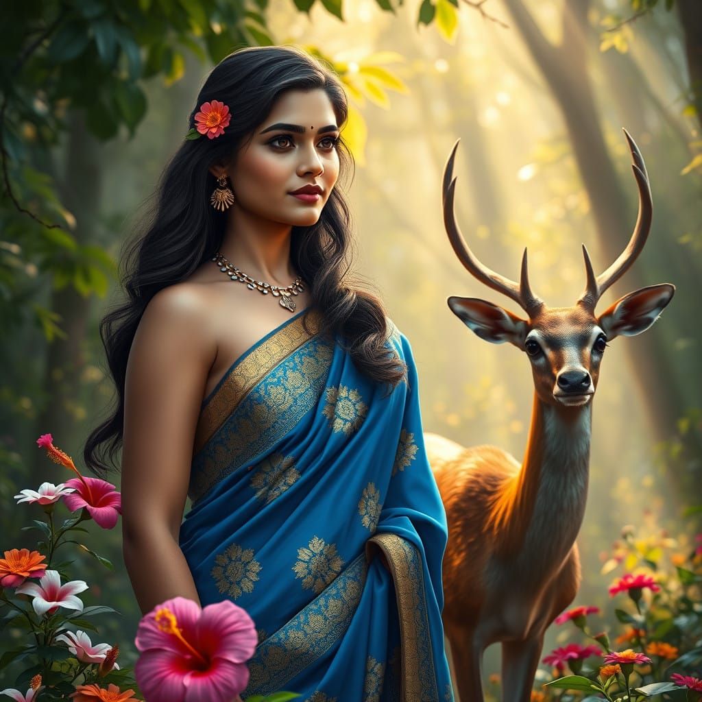 Elegant Tamil Goddess in Vibrant Forest, Adorned in Bright B...