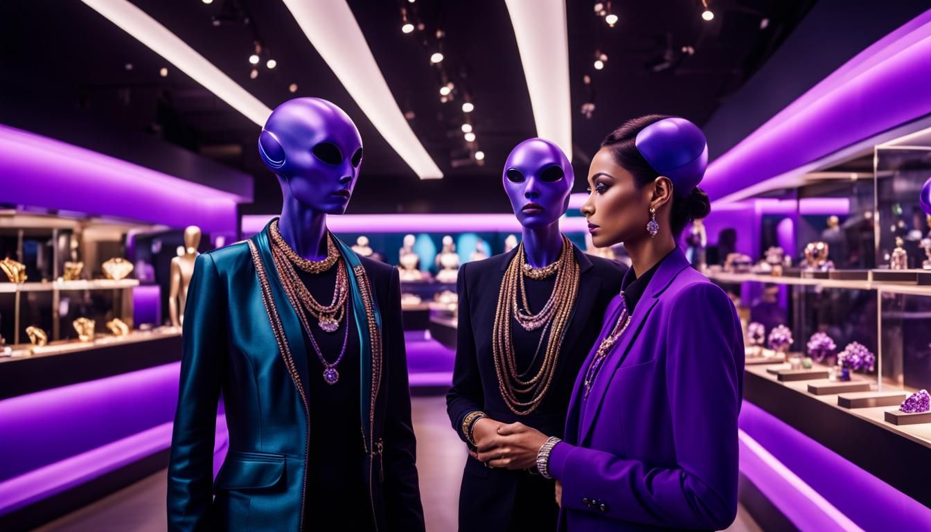 Purple Aliens Shopping for Jewelry in Photorealistic Style