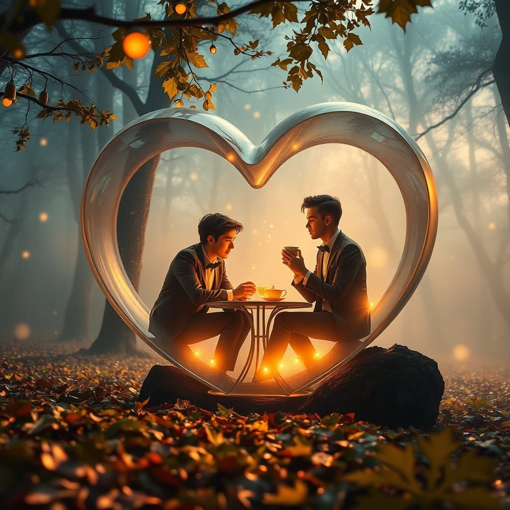 Elegant Men in Glass Heart: Cinematic Oil Painting