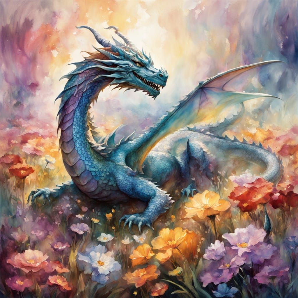 Majestic Dragon in Rainbow Flower Field Watercolor