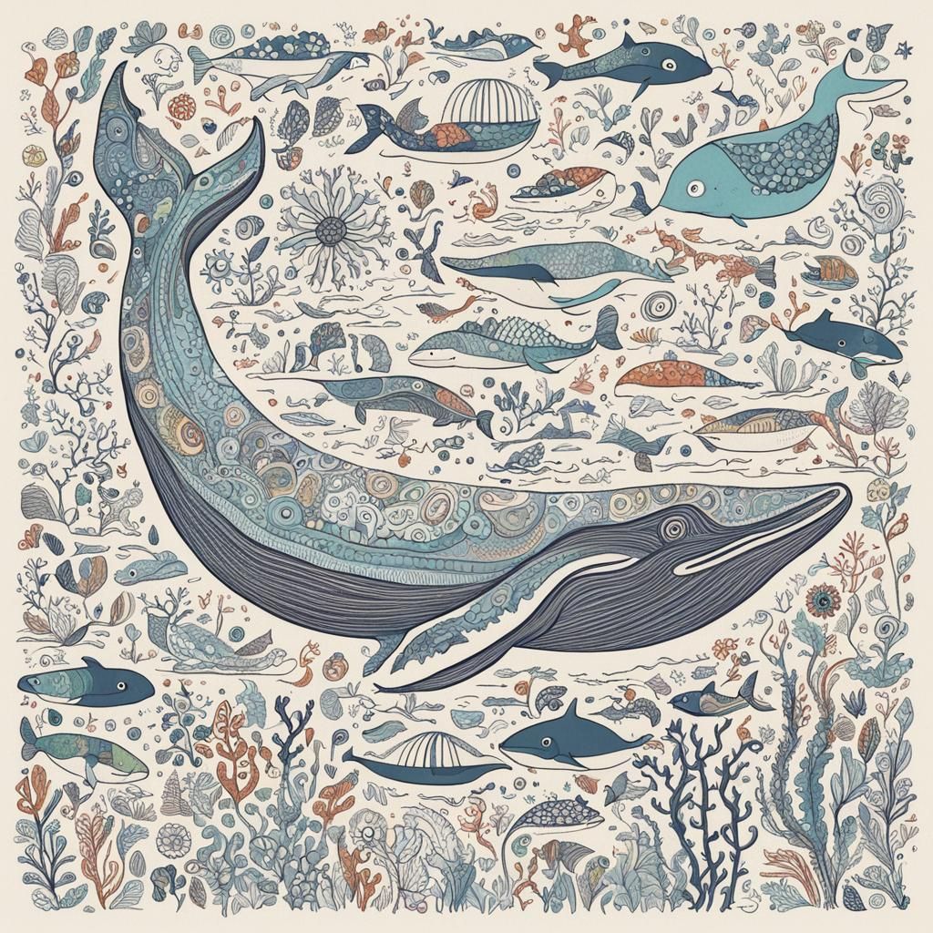 Folk Art Doodle of Whale and Sea Life