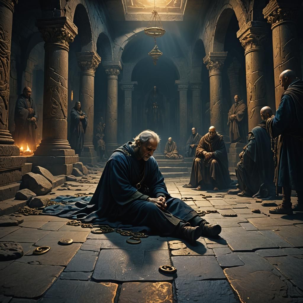 Ominous Dark Fantasy: Shackled Man and Evil Priests