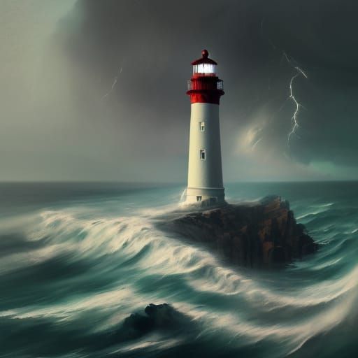 Lighthouse Collapses into Stormy Sea: Digital Art