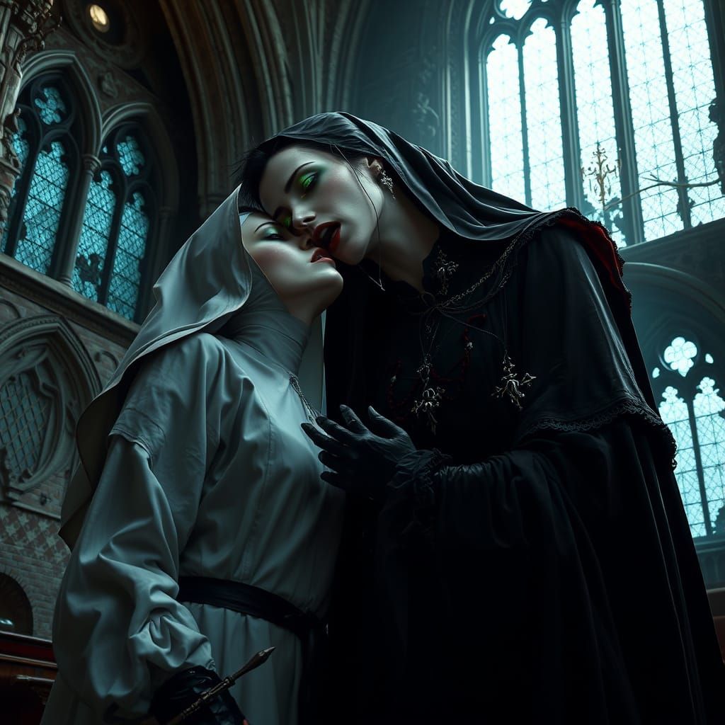 Gothic Vampire Sucks Blood from Nun in Haunting Cathedral