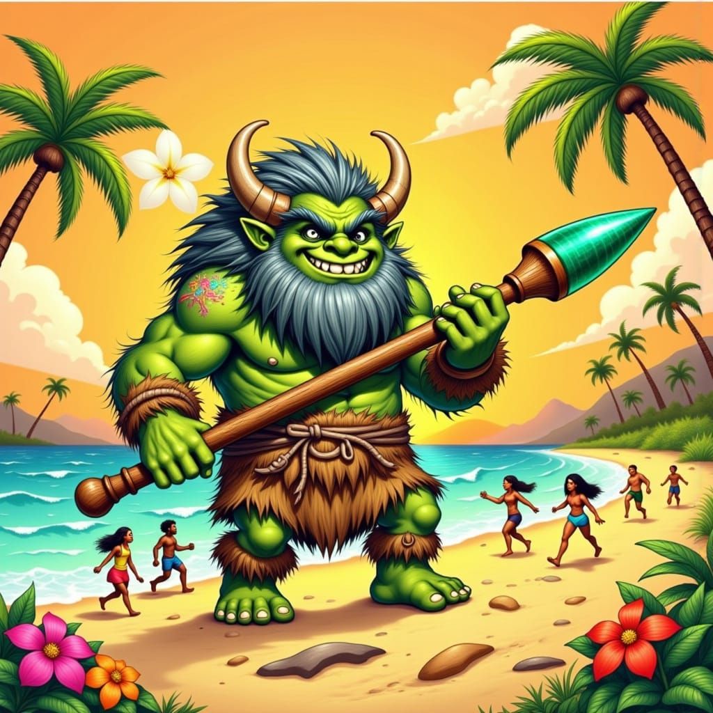 Giant Troll Havoc on a Tropical Beach