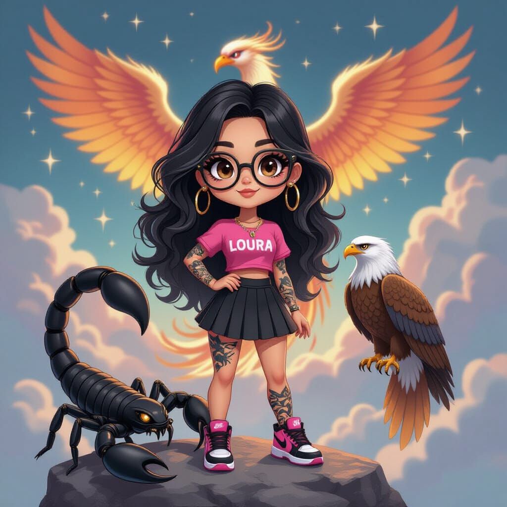 Chibi Woman with Phoenix and Eagle in Vibrant Colors