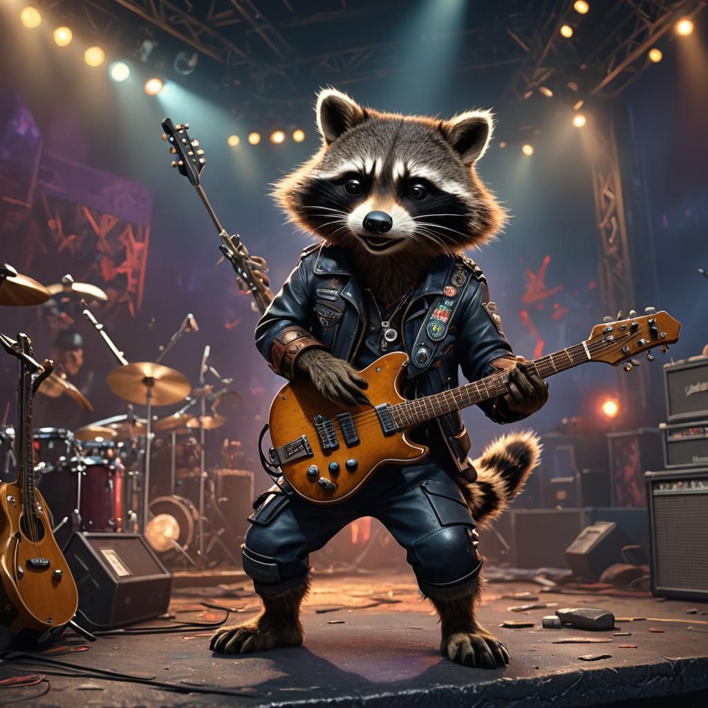 Raccoon Rock Star on Stage in Concert