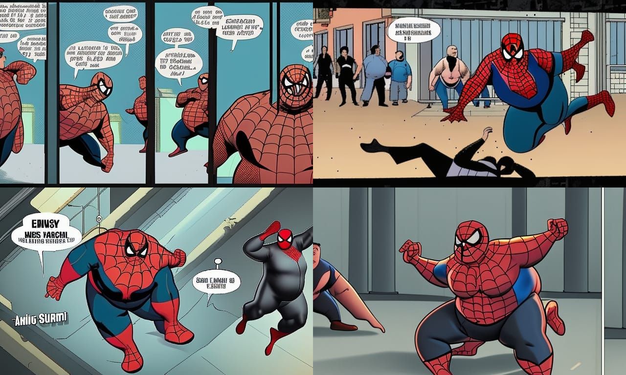Obese Spiderman Superhero Landing Comic Book Style