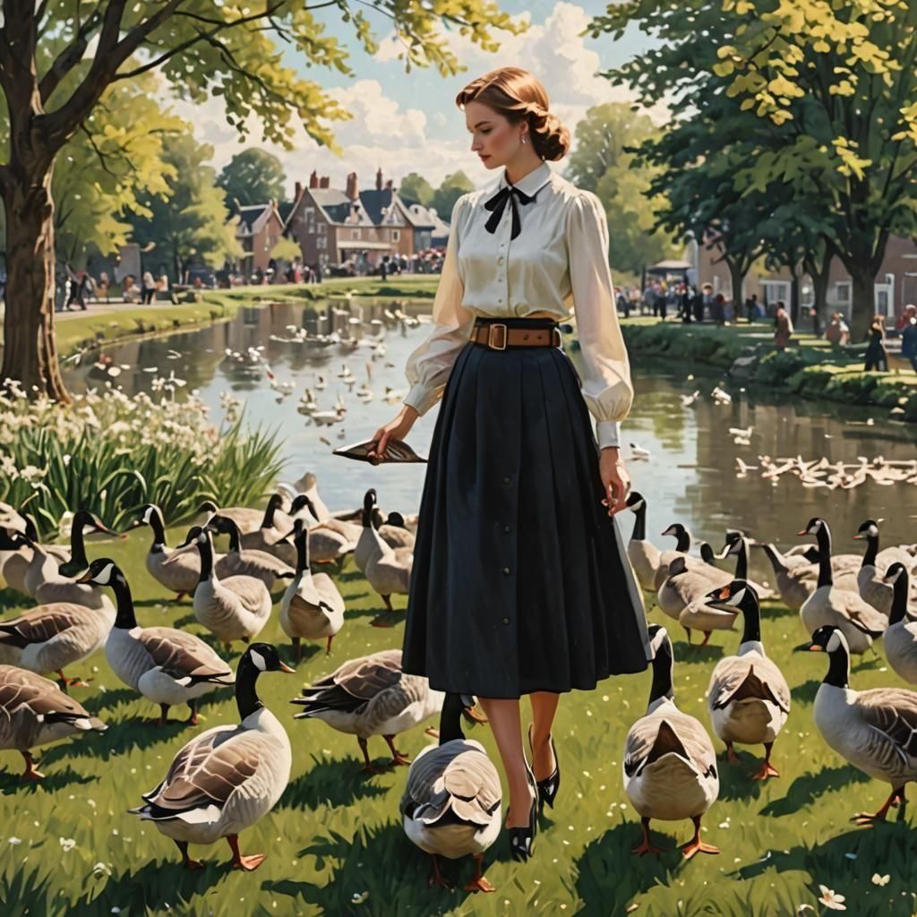 Woman Feeding Geese on Grass Bank