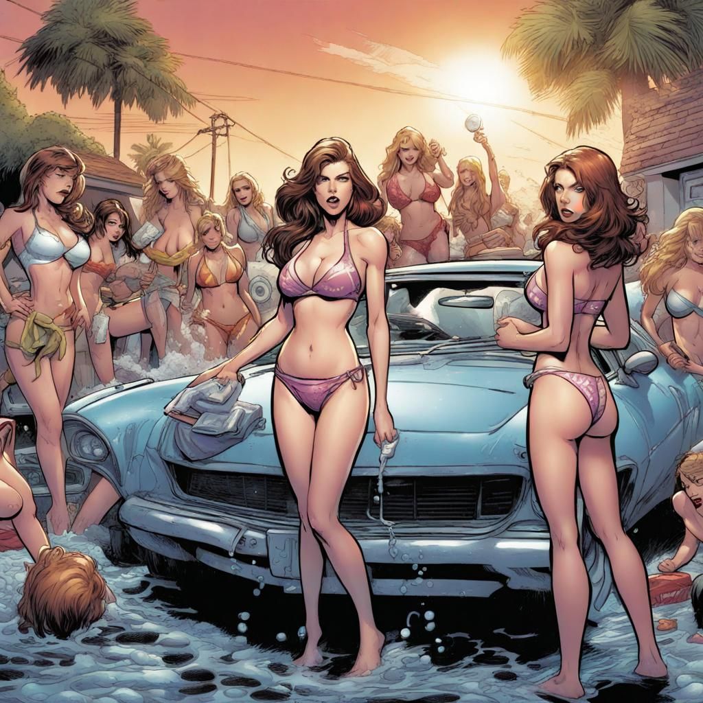 Women Washing Car in Comic Book Style