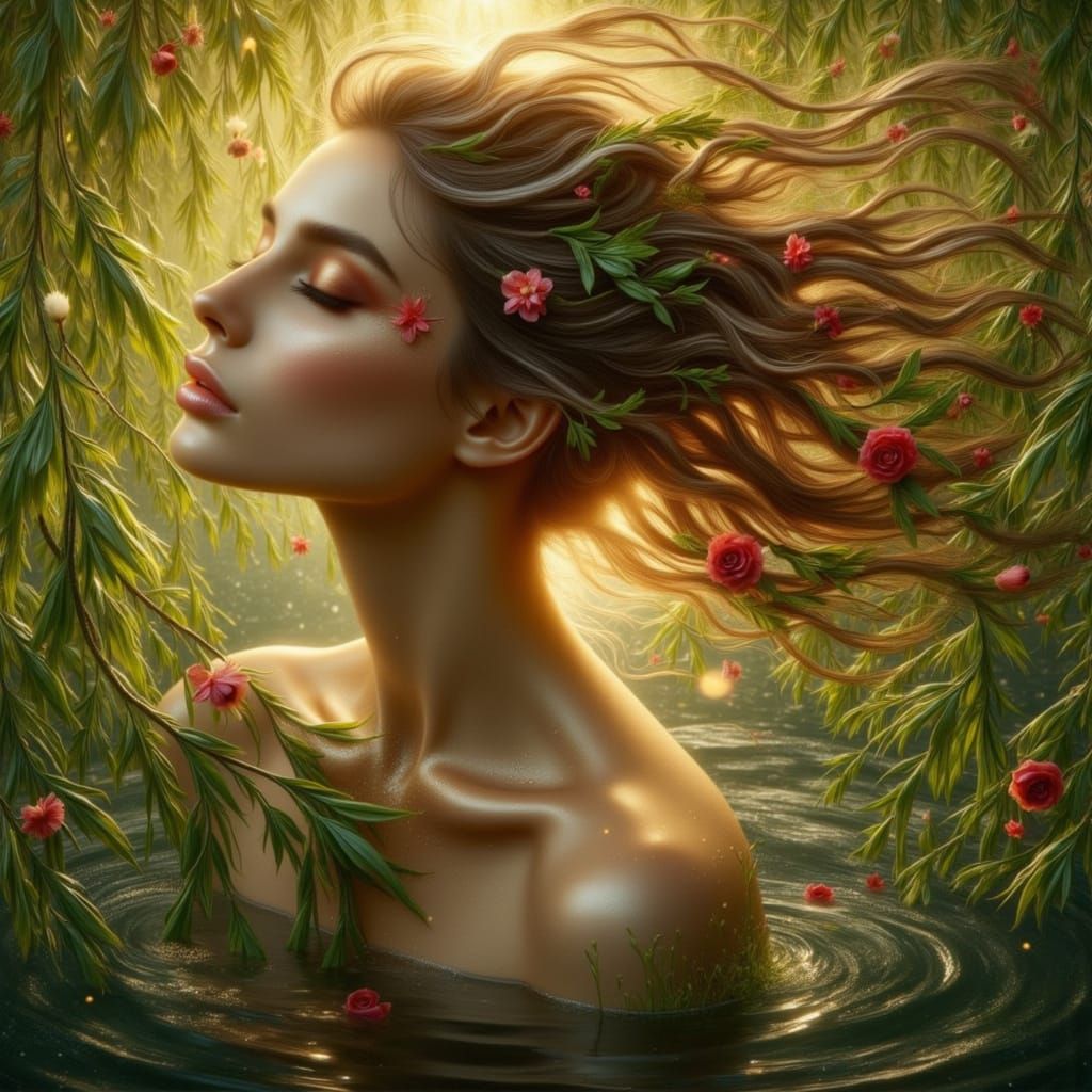 Willow Dryad in Golden Hour Glow, Pre-Raphaelite Style