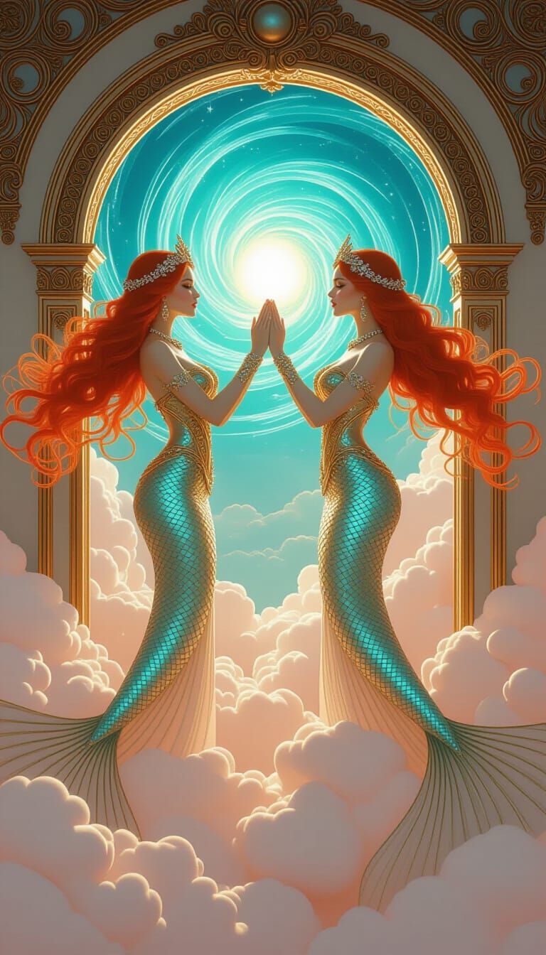 Ethereal Mermaid Goddesses Ascending Through Cosmic Portal