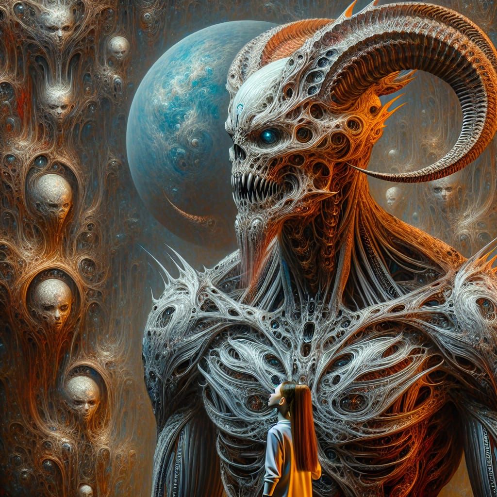 Hyper-Realistic Demon and Girl in Dark Fantasy Oil Painting