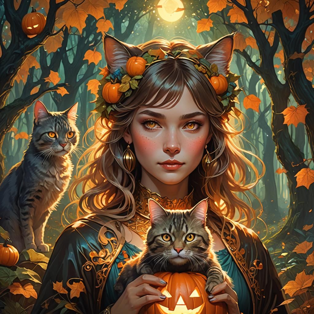 Woman Creating Glowing Pumpkin in Mystical Forest