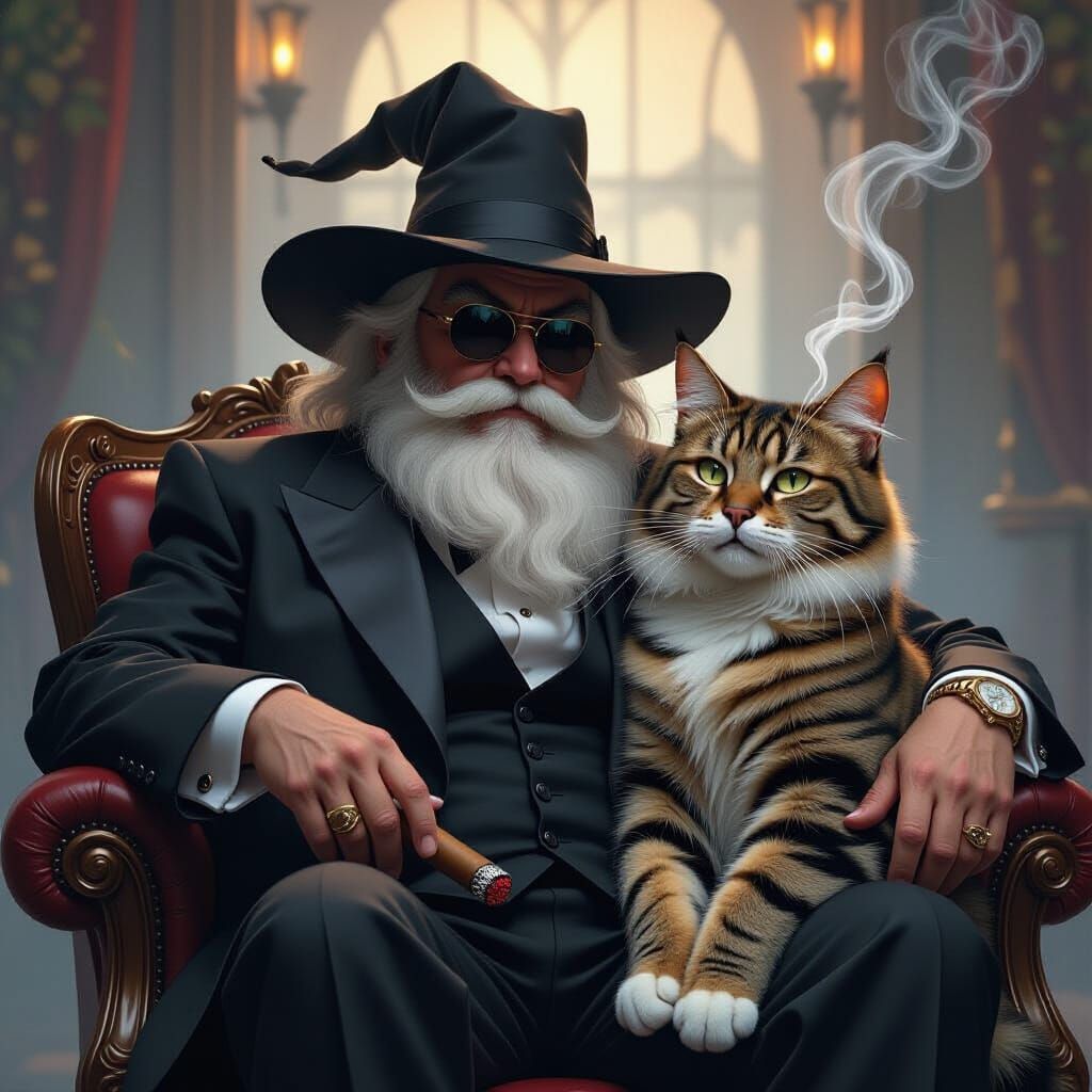 Mafia Boss Gandalf with Tuxedo Cat in Noir Style