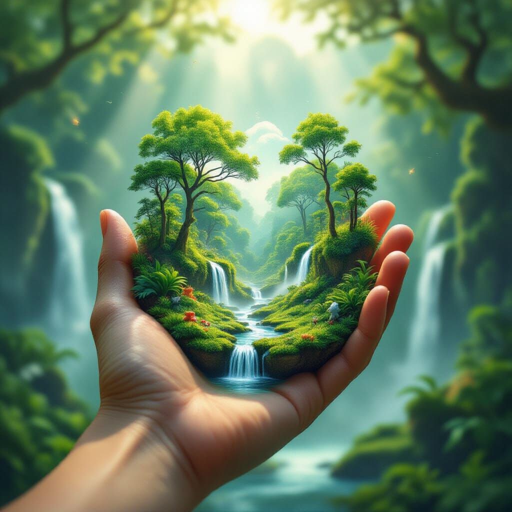 Miniature Forest in Hand: Dreamy Cinematic Render