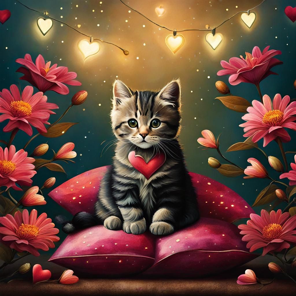 Cat Surrounded by Flowers and Heart Lights