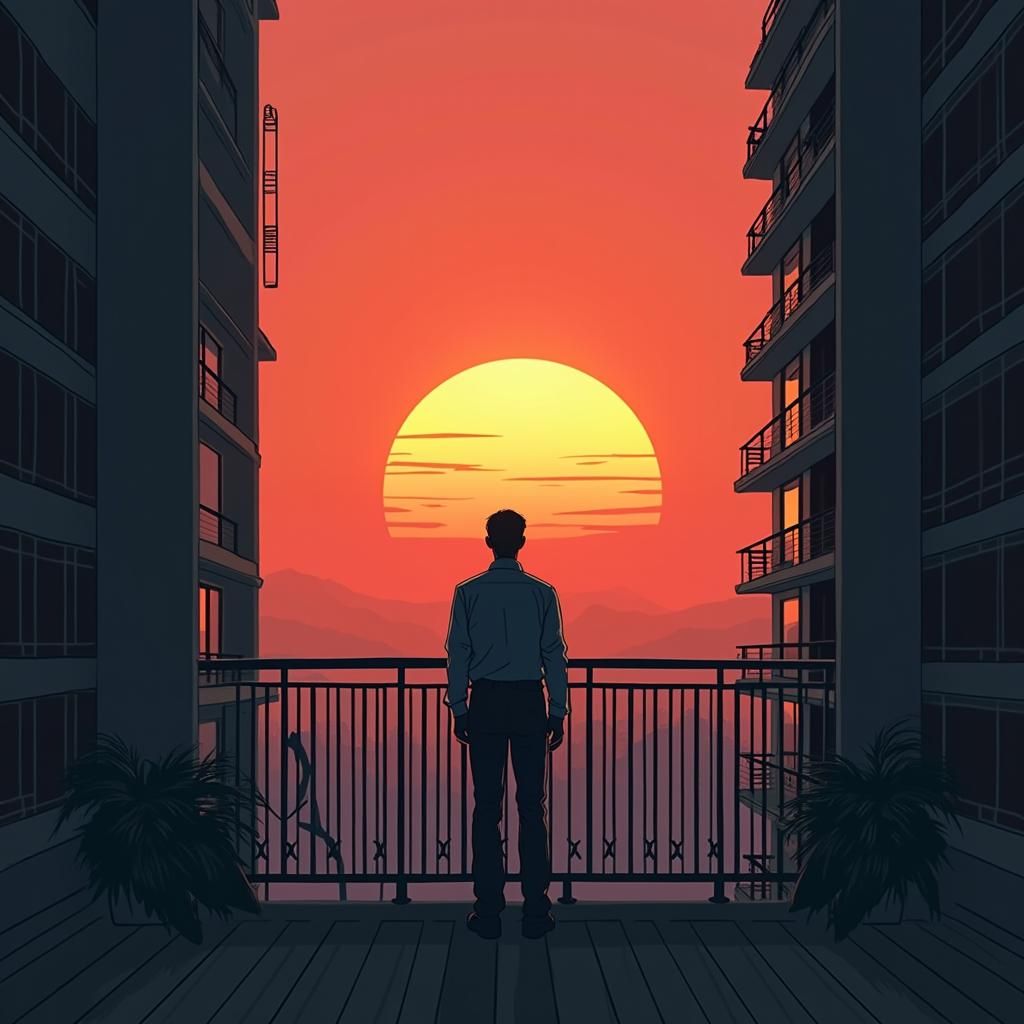 Cyberpunk Sunset Watcher in Minimalist Manga Style