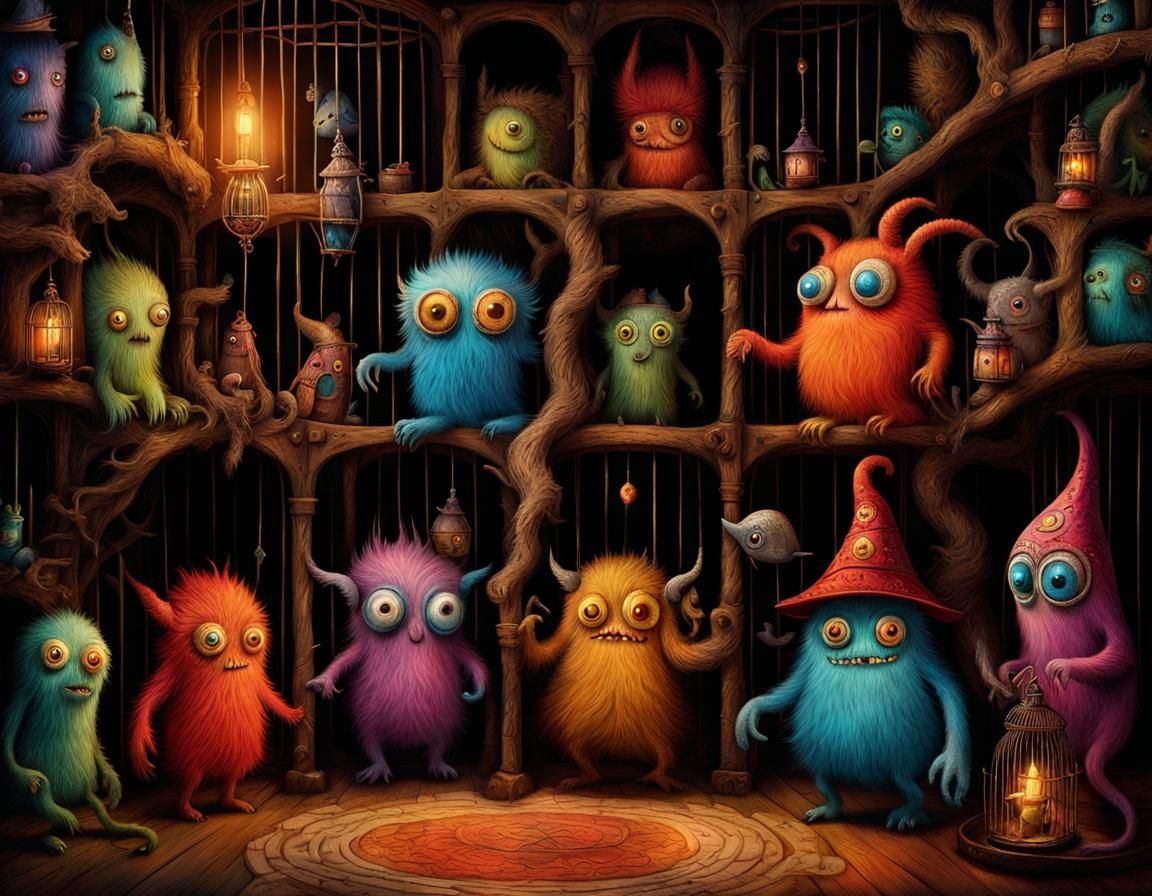 Whimsical Cute Monsters Running Wild in Wizard's Room