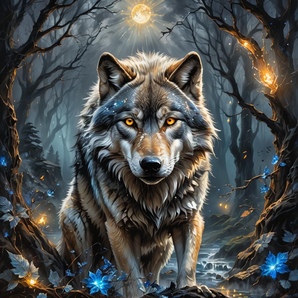 Mystic Grey Wolf in Detailed Oil Painting