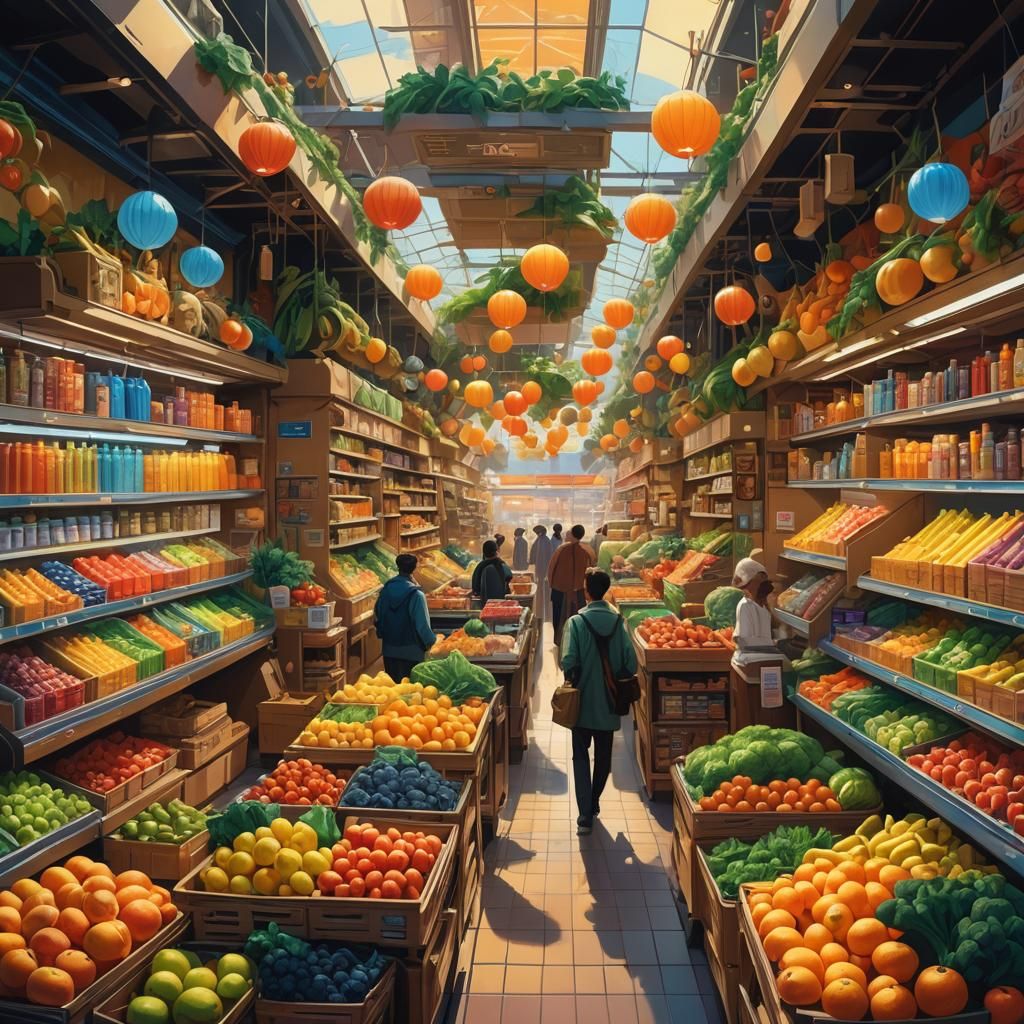 Futuristic Grocery Store in Vibrant Oil Painting Style