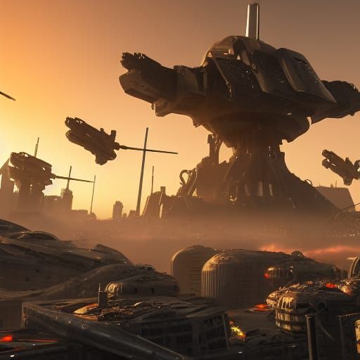 Futuristic Battlefield with Steampunk Mechanical Warriors