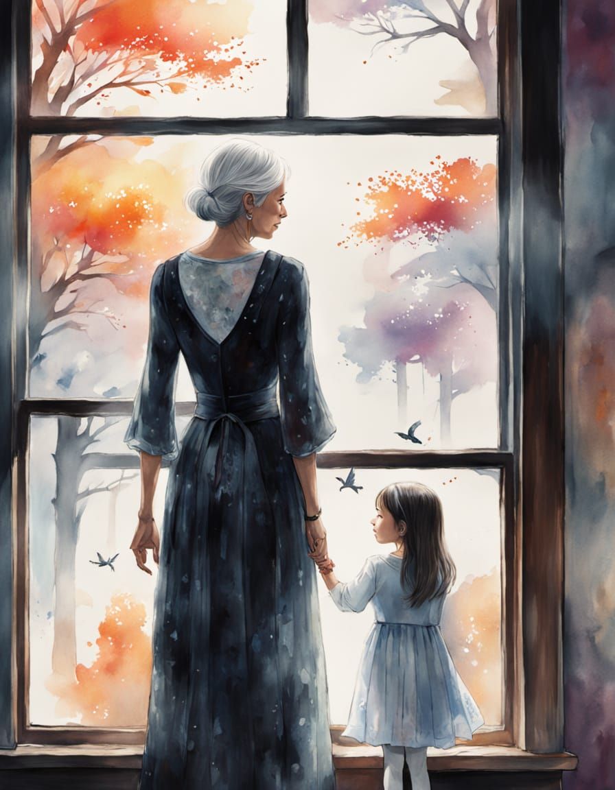Elderly Mom and Ghostly Daughter in Watercolor Style