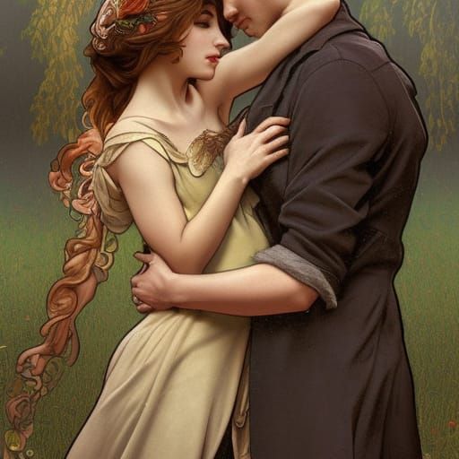 Lovers Embrace in Graveyard: Art Nouveau Portrait
