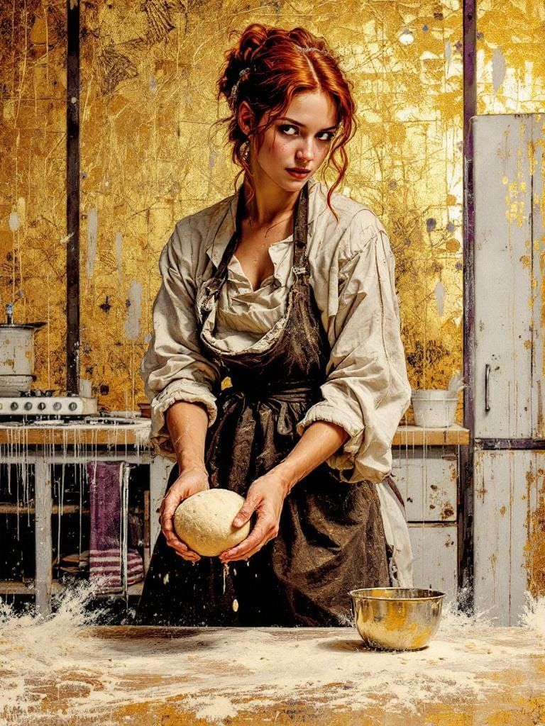 Redhead Baker Kneading Dough in Klimt-Basquiat Style