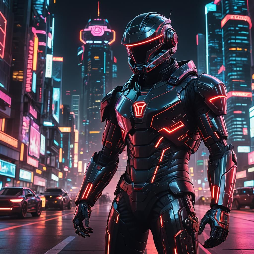 Ares from Tron,MaxTac from Cyberpunk 2077, sleek daft punk helmet and swat black armor with red glowing lights,the backg...
