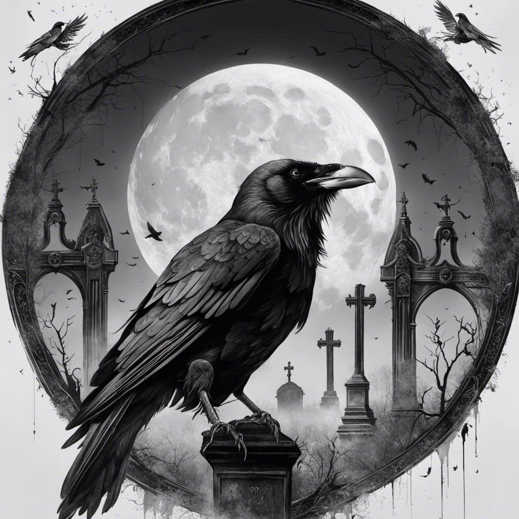 Black and white ink drawing of a gothic raven
