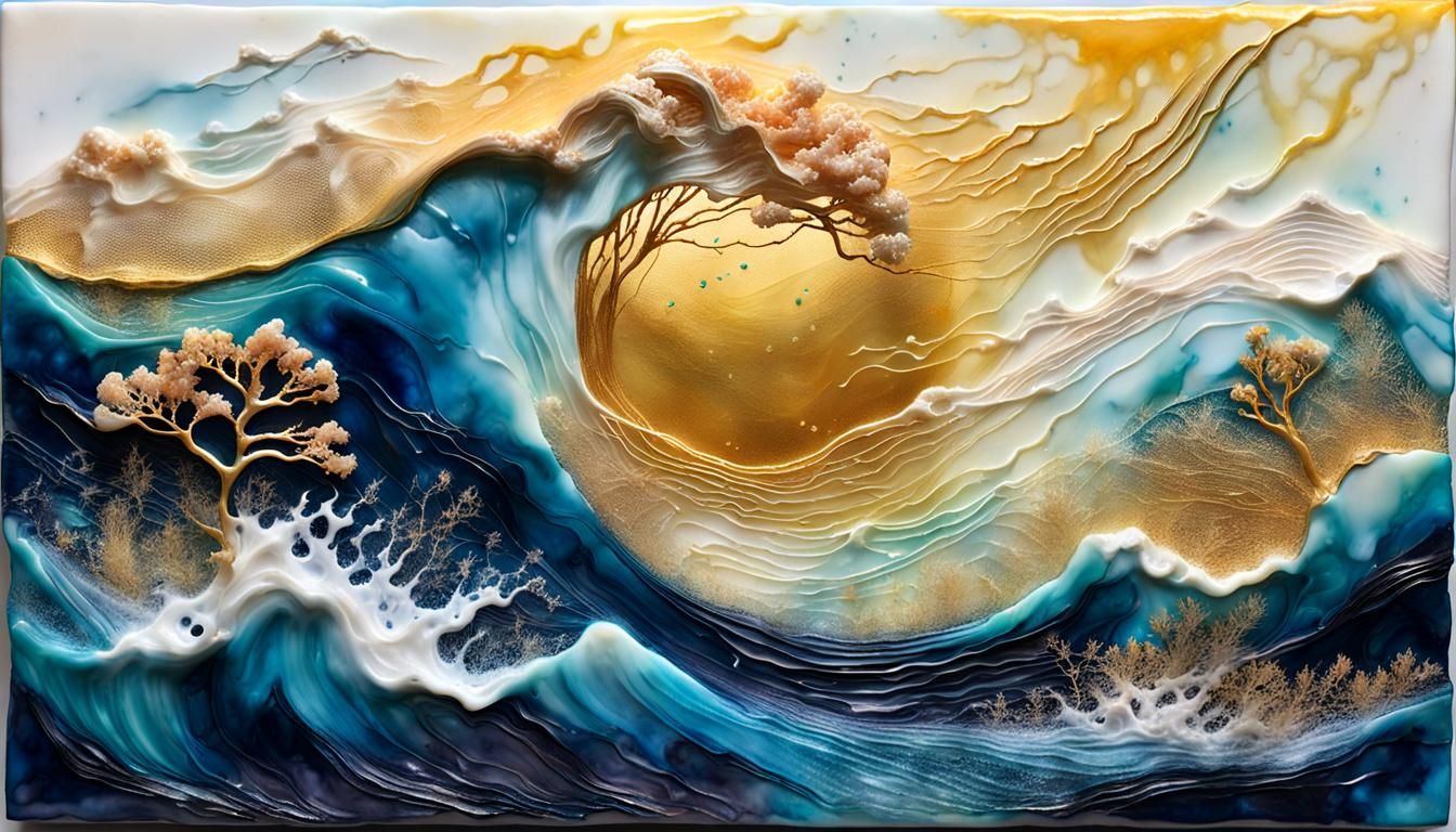 Golden Mycelial Mesh in Encaustic Art Style