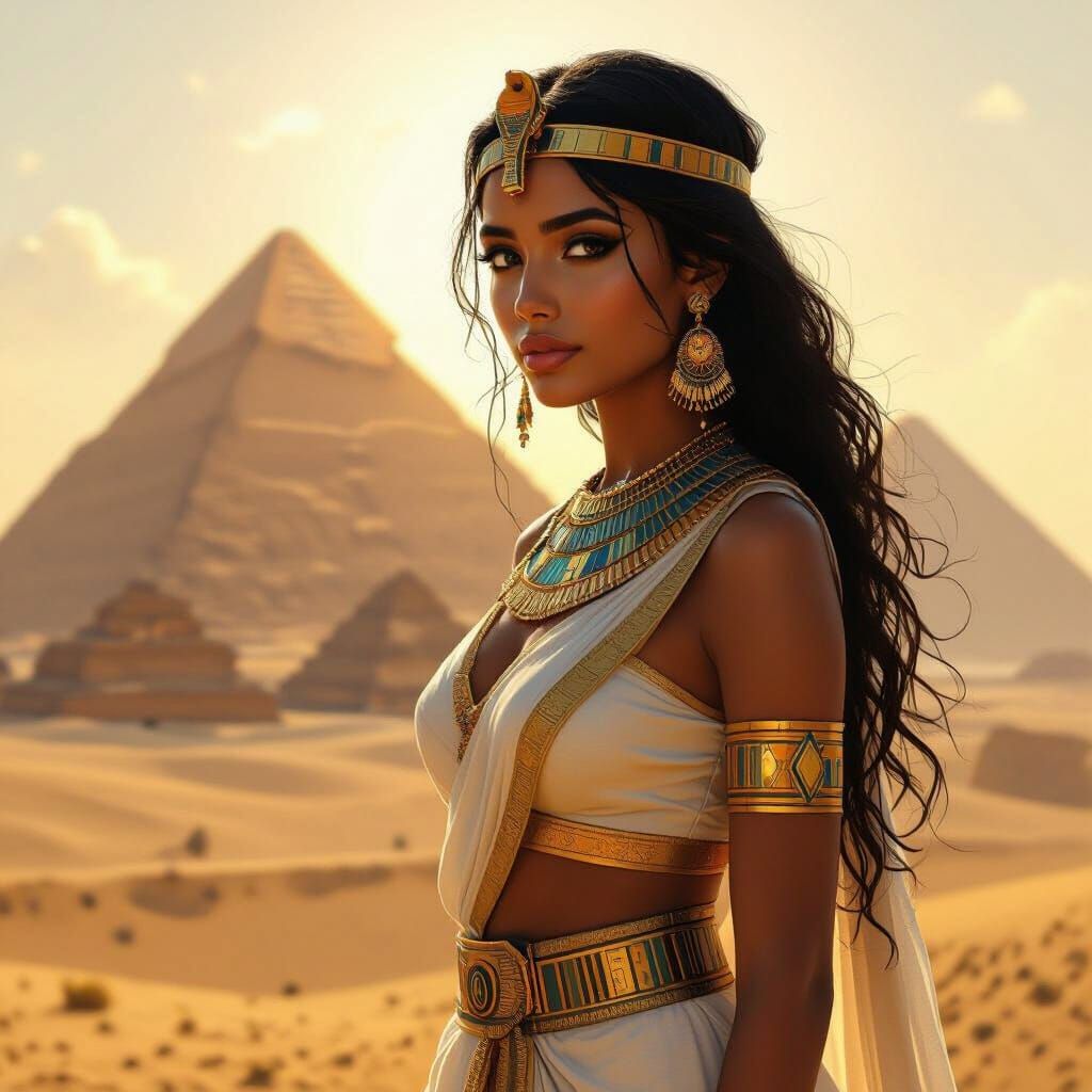 Egyptian Girl in Pharaonic Attire at Giza Pyramids
