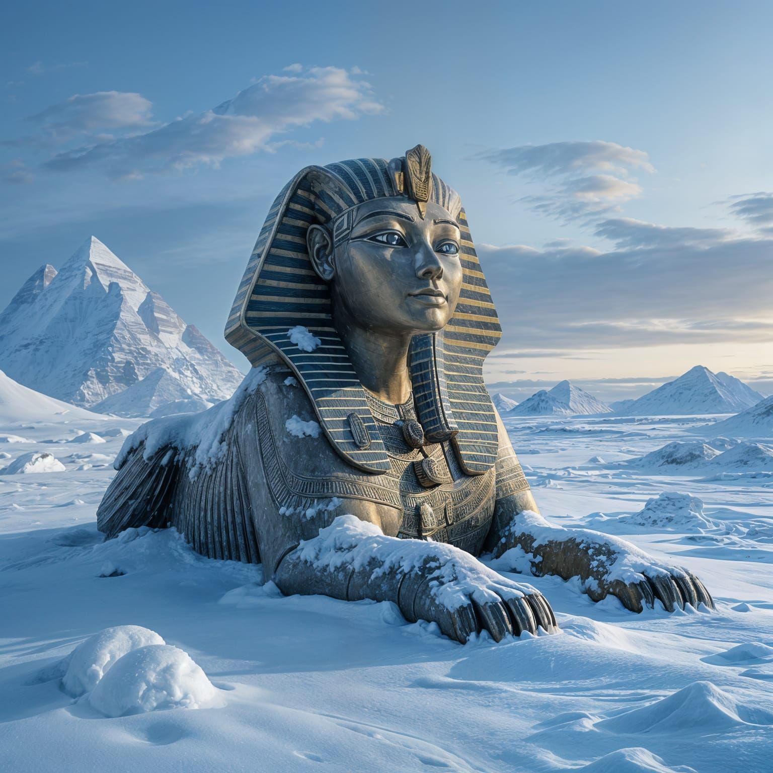 Hyperrealistic Sphinx in Snowy Arctic Landscape