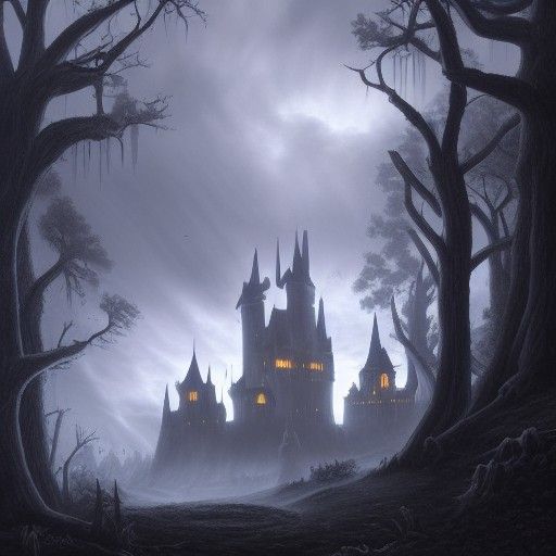 Misty Castle in Dark Forest, Detailed Digital Art
