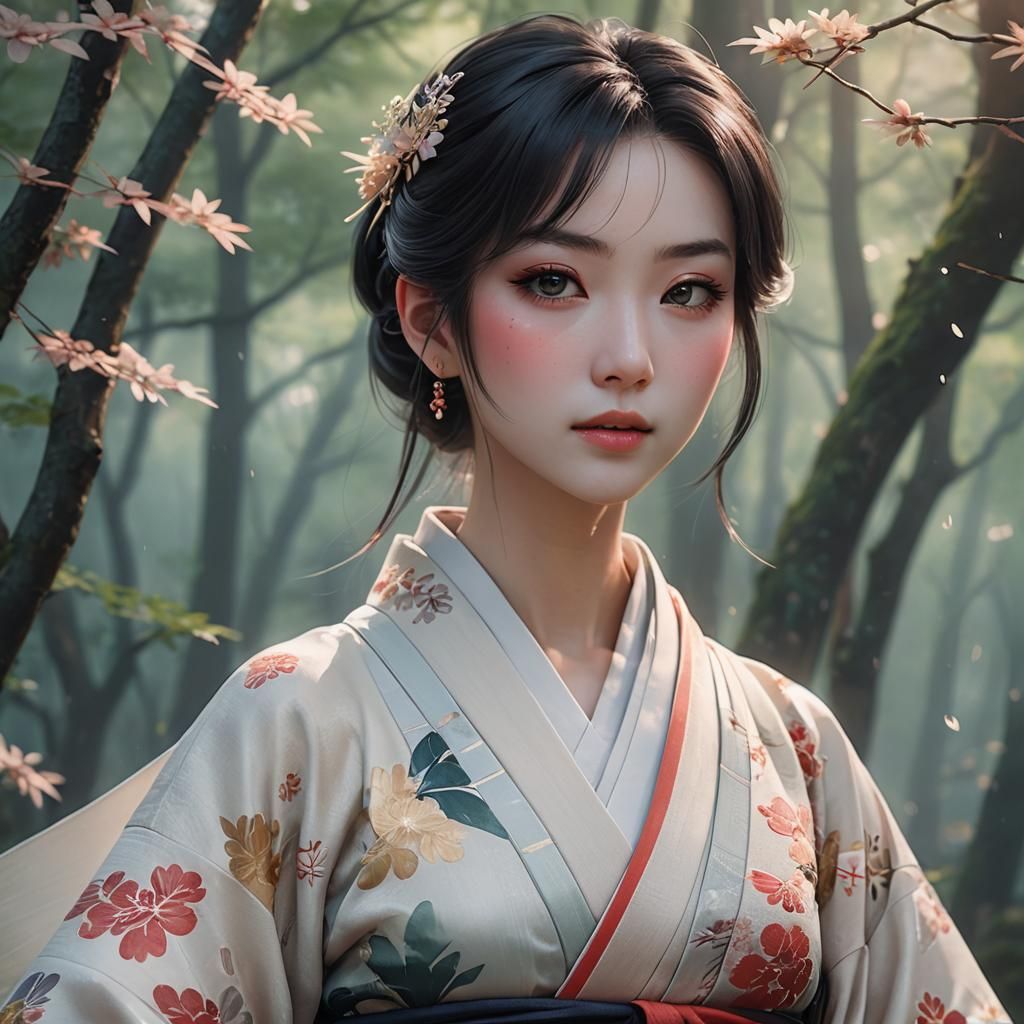 Anime Woman in Kimono, Ethereal Forest Art