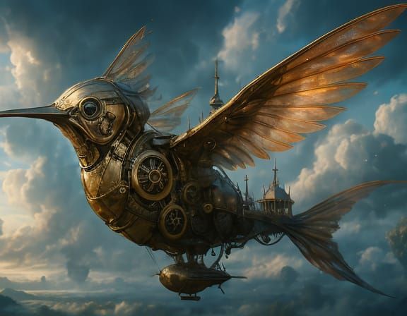 Steampunk Hummingbird Airship Soaring Through Cloudy Skies