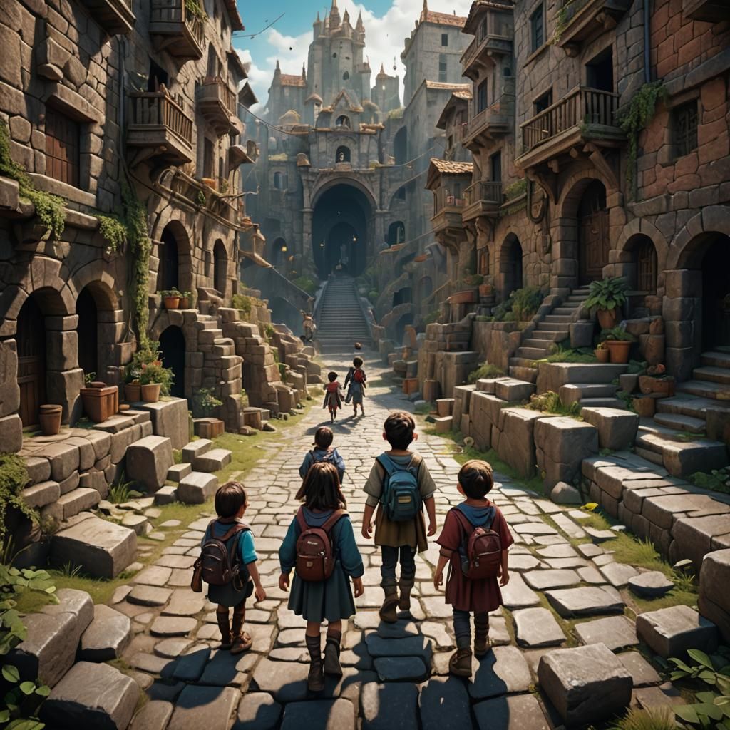 Children Explorers in Stone Street: Fantasy Concept Art