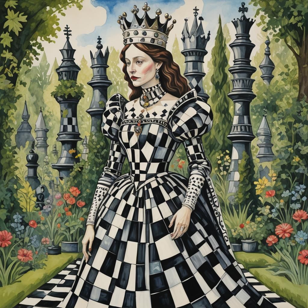Chess Queen in Garden, Burton and Beardsley Style