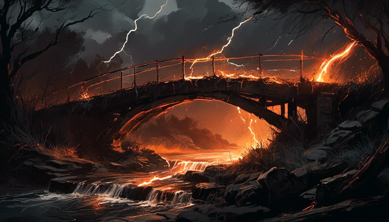 Dramatic Oil Painting of Bridge in a Fiery Storm